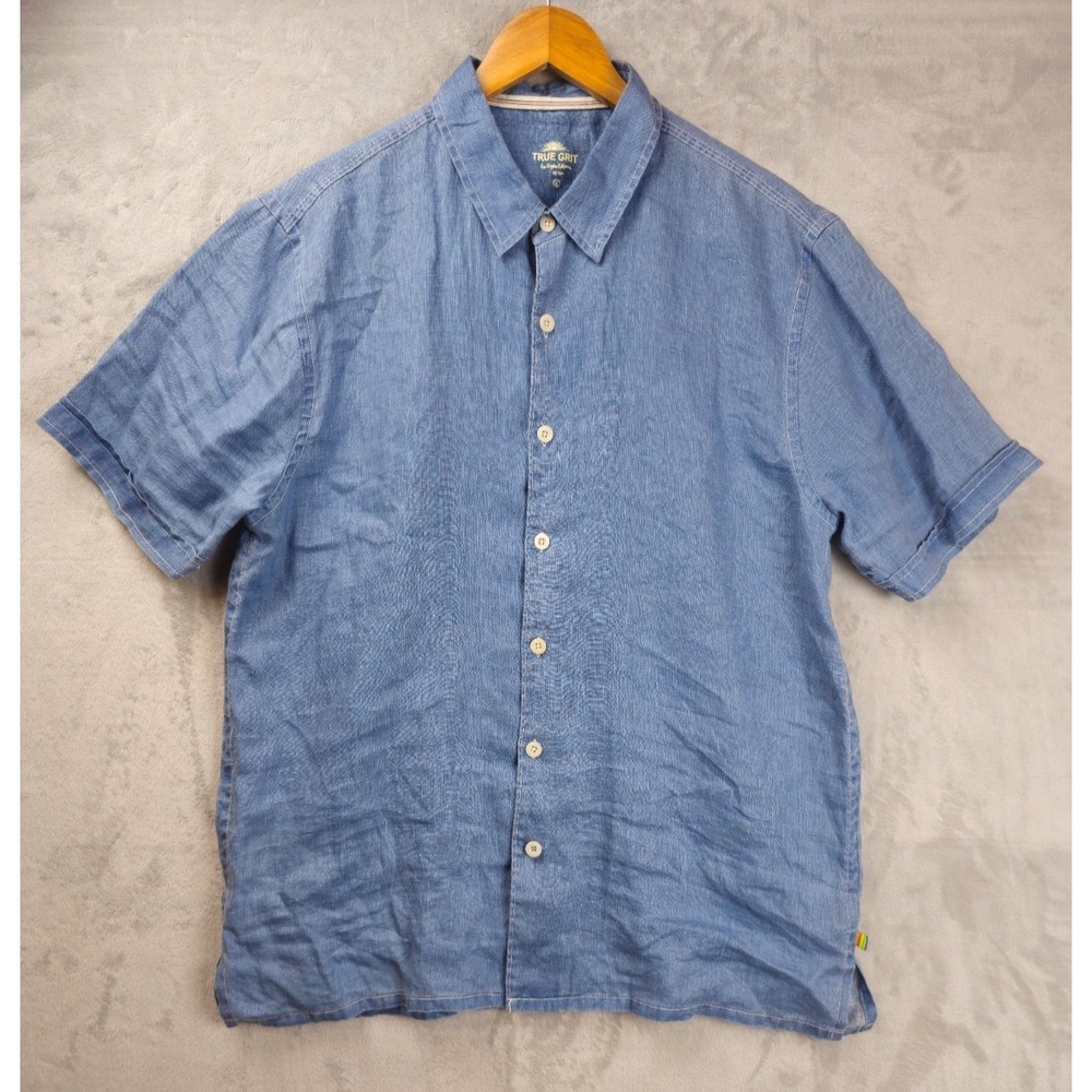 True Grit Mens Large Linen Chambray Button Down Short Sleeve Shirt Blue